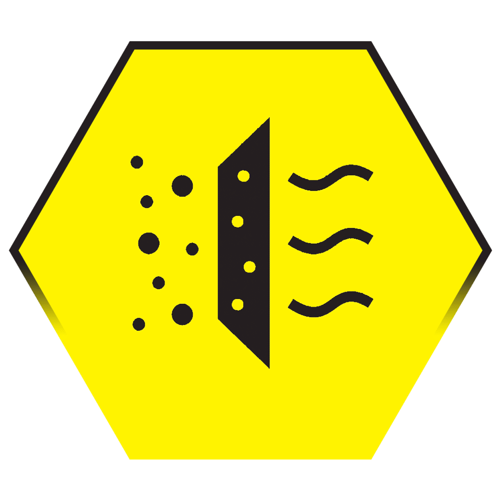 A yellow sign indicating debris being caught by an air filter.